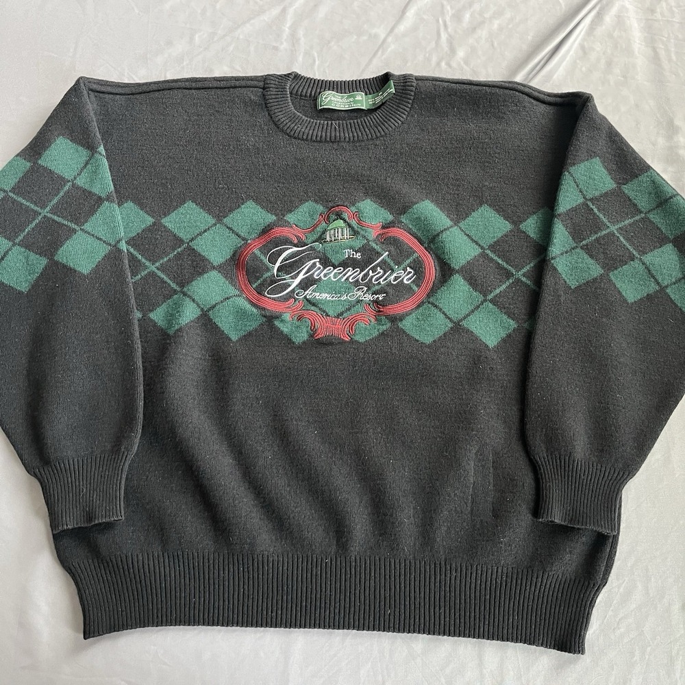 Vintage The Greenbrier Resort Sweater Mens XL Argyle Wool Blend Embroidered